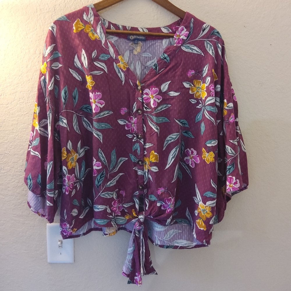 Democracy Crop Top Womens Large Textured Maroon Green Pink Floral Tie Waist